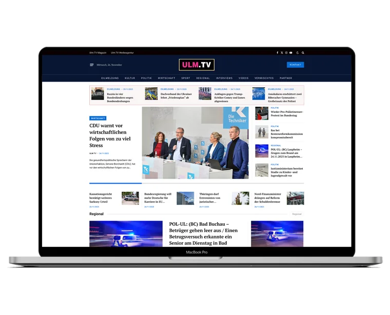 Webseite Ulm TV auf einem Laptop